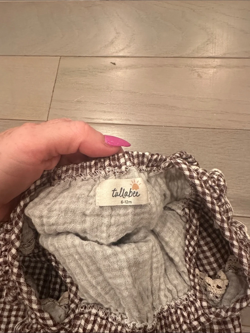 Gingham Ruffle Strap Baby One-Piece in Brown